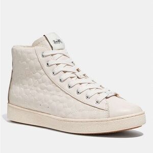 Coach C204 Logo Embossed Signature Leather High Top Lace Up Sneakers Chalk Sz 8